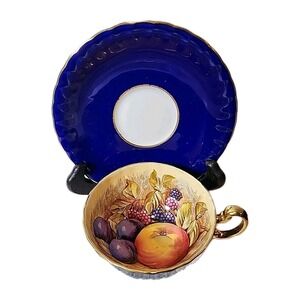 Aynsley "Orchard Gold" Bone China Cobalt Blue Cup And Saucer. 22k Gold Trim EUC